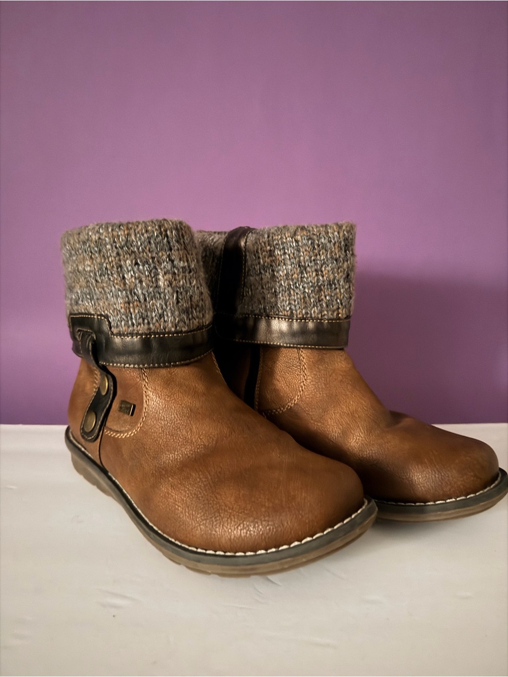 Remonte TEX Tan Leather Fold-Over Knit Cuff Winter Boots | EU 38 / US 7.5